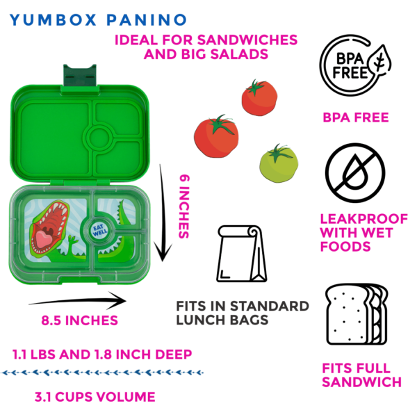 Φαγητοδοχείο Yumbox Panino με 4 χωρίσματα – Πράσινο – Δεινόσαυρος - Image 3