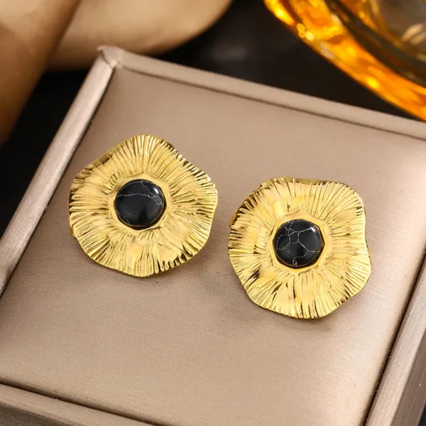 BLACK TURQUOISE MAGIC FLOWER STEEL EARRINGS